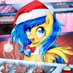 Size: 1400x1400 | Tagged: safe, artist:daughter-of-fantasy, oc, oc only, oc:blueberry blitz, species:pegasus, species:pony, bell, bell collar, christmas, clothing, collar, cookie, hat, santa hat, solo