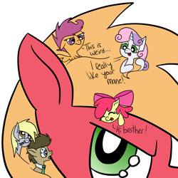 Size: 2500x2500 | Tagged: safe, artist:yourfavoritelove, character:apple bloom, character:big mcintosh, character:derpy hooves, character:doctor whooves, character:scootaloo, character:sweetie belle, character:time turner, species:pony, big brother, cutie mark crusaders, doctor who, female, gentle giant, giant pony, giant/tiny, i really like her mane, macro, macro/micro, male, mane, micro, mouth hold, really big mac, size difference, sonic screwdriver, the doctor, tiny, tiny ponies