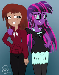 Size: 3005x3790 | Tagged: safe, artist:legendaryspider, character:midnight sparkle, character:twilight sparkle, character:twilight sparkle (scitwi), oc, species:eqg human, my little pony:equestria girls, clothing, glasses, midnight sparkle, mischievous, nervous, nervous grin, show accurate, simple background, thigh gap, wubcake