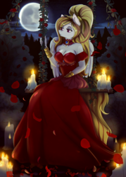 Size: 1250x1750 | Tagged: safe, artist:igazella, oc, oc only, oc:storm shield, species:anthro, candle, clothing, collar, dress, moon, red dress, rose petals, solo, swing
