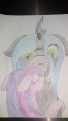 Size: 1836x3264 | Tagged: safe, artist:krumpcakes, character:queen chrysalis, character:twilight sparkle, ship:twisalis, female, hug, lesbian, nuzzling, shipping, simple background, surprised, traditional art