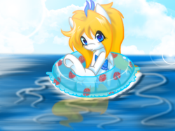 Size: 1024x768 | Tagged: safe, artist:thamutt, oc, oc only, oc:frolic, clothing, floating, floaty, freckles, solo, swimsuit, water