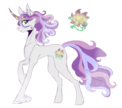 Size: 2913x2592 | Tagged: safe, artist:anyatrix, oc, oc only, oc:dawn gem, parent:king sombra, parent:princess celestia, parents:celestibra, species:pony, species:unicorn, curved horn, cutie mark, female, horn jewelry, jewelry, looking at you, mare, next generation, offspring, profile, reference sheet, solo, unshorn fetlocks