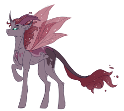 Size: 2850x2559 | Tagged: safe, artist:anyatrix, oc, oc only, oc:bed bug, parent:pharynx, parent:princess luna, parents:lunarynx, species:changepony, changeling hybrid, coat markings, horns, hybrid, leonine tail, male, next generation, offspring, simple background, solo, spread wings, white background, wings