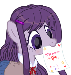 Size: 1024x1083 | Tagged: safe, artist:xmelodyskyx, species:pony, spoiler:doki doki literature club, spoilers for another series, blood, clothing, critical research failure, death threat, doki doki literature club, female, implied blood, implied murder, mare, mouth hold, note, ponified, simple background, solo, threat, transparent background, yandere, yuri (ddlc)