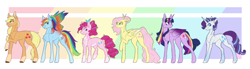 Size: 4846x1340 | Tagged: safe, artist:anyatrix, character:applejack, character:fluttershy, character:pinkie pie, character:rainbow dash, character:rarity, character:twilight sparkle, character:twilight sparkle (alicorn), species:alicorn, species:earth pony, species:pegasus, species:pony, species:unicorn, alternate design, colored wings, female, hair bun, hairpin, mane six, mare, multicolored wings, rainbow wings, scar, size difference, socks (coat marking), story included, two toned wings