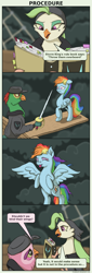 Size: 1116x3300 | Tagged: safe, artist:frenkieart, character:captain celaeno, character:lix spittle, character:mullet, character:rainbow dash, my little pony: the movie (2017), book, comic, dialogue, eyes closed, parrot pirates, pirate, plank, storm king's messenger outfit, sword, tongue out, weapon