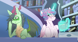 Size: 3096x1677 | Tagged: safe, artist:anyatrix, character:princess flurry heart, oc, oc:dragonfly, parent:spike, parent:thorax, parents:thoraxspike, blushing, book, dragonling, hybrid, interspecies offspring, magic, magical gay spawn, offspring, older