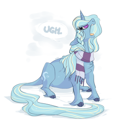 Size: 990x990 | Tagged: safe, artist:batlover800, oc, oc only, oc:funny frost, species:classical unicorn, species:pony, species:unicorn, clothing, cloven hooves, female, leonine tail, mare, not trixie, scarf, solo, ugh, unamused, unshorn fetlocks
