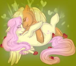 Size: 737x638 | Tagged: safe, artist:donenaya, character:applejack, character:fluttershy, species:earth pony, species:pegasus, species:pony, ship:appleshy, abstract background, blushing, eyes closed, female, lesbian, mare, missing accessory, on back, shipping, smiling