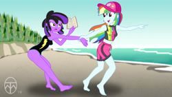 Size: 6830x3840 | Tagged: safe, artist:legendaryspider, character:rainbow dash, oc, oc:gem, g4, my little pony: equestria girls, my little pony:equestria girls, barefoot, beach, board shorts, book, clothing, equestria girls-ified, feet, flat colors, geode of super speed, magical geodes, one-piece swimsuit, pointed breasts, protest, pulling, shorts, show accurate, swimming trunks, swimsuit