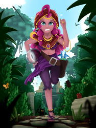 Size: 1536x2048 | Tagged: safe, artist:qzygugu, character:pinkie pie, species:human, my little pony:equestria girls, clothing, costume, crystal ball, female, gypsy pie, jungle, midriff, running, sandals, spear, temple, weapon