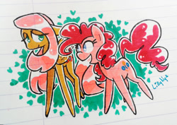 Size: 800x566 | Tagged: safe, artist:lillynya, character:fluttershy, character:pinkie pie, ship:flutterpie, couple, duo, female, heart, heart background, heart eyes, lesbian, lined paper, shipping, simple background, traditional art, transparent background, wingding eyes