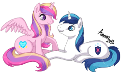 Size: 329x200 | Tagged: safe, artist:amenoo, character:princess cadance, character:shining armor, species:alicorn, species:pony, species:unicorn, female, looking at each other, male, mare, prone, signature, simple background, sitting, smiling, stallion, transparent background