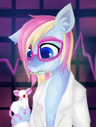Size: 616x814 | Tagged: safe, artist:evescintilla, oc, oc only, oc:eve scintilla, species:earth pony, species:pony, albino, biology, crying, glasses, medic, medicine, mouse, rat