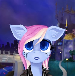 Size: 760x764 | Tagged: source needed, useless source url, safe, artist:evescintilla, oc, oc only, oc:eve scintilla, bust, city, cityscape, colored pupils, crying, floppy ears, heart, lipstick, looking at you, makeup, night, portrait, running makeup, solo