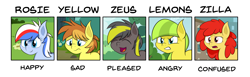 Size: 5820x1782 | Tagged: safe, artist:reconprobe, oc, oc:lemon drop, oc:ponyzilla, oc:recon probe, oc:zeus, species:pony, emotions, female, male, mare, stallion