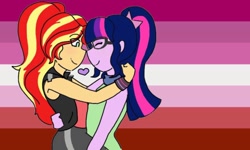 Size: 1242x746 | Tagged: safe, artist:horsegirlpodcast, character:sunset shimmer, character:twilight sparkle, character:twilight sparkle (scitwi), species:eqg human, species:human, ship:scitwishimmer, ship:sunsetsparkle, my little pony:equestria girls, female, lesbian, lesbian pride flag, pride, pride flag, shipping