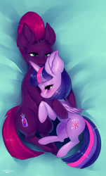 Size: 655x1087 | Tagged: safe, artist:tawni-tailwind, character:fizzlepop berrytwist, character:tempest shadow, character:twilight sparkle, character:twilight sparkle (alicorn), species:alicorn, species:pony, species:unicorn, ship:tempestlight, my little pony: the movie (2017), blushing, broken horn, cuddling, cute, cutie mark, female, folded wings, lesbian, mare, shipping