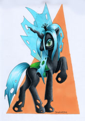 Size: 700x1001 | Tagged: safe, artist:andpie, character:queen chrysalis, species:changeling, changeling queen, female, raised hoof, solo, traditional art
