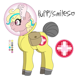 Size: 2048x2048 | Tagged: safe, artist:eleamorbid, oc, oc only, oc:puppysmiles, species:earth pony, species:pony, fallout equestria, ear fluff, fallout equestria: pink eyes, female, filly, hazmat suit, hooves, reference sheet, saddle bag, simple background, smiling, solo, transparent background