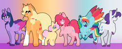 Size: 3560x1440 | Tagged: safe, artist:eleamorbid, character:applejack, character:fluttershy, character:pinkie pie, character:rainbow dash, character:rarity, character:twilight sparkle, character:twilight sparkle (alicorn), species:alicorn, species:earth pony, species:pegasus, species:pony, species:unicorn, abstract background, alternate universe, chest fluff, clothing, coat markings, colored wings, cowboy hat, curved horn, cutie mark, ear piercing, earring, female, flying, food, freckles, hat, jewelry, leonine tail, lidded eyes, long ears, mane six, mare, piercing, raised hoof, size difference, smiling, spread wings, straw in mouth, thick eyebrows, wheat, wings