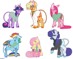 Size: 3560x2880 | Tagged: safe, artist:eleamorbid, character:applejack, character:fluttershy, character:pinkamena diane pie, character:pinkie pie, character:rainbow dash, character:rarity, character:twilight sparkle, species:earth pony, species:pegasus, species:pony, species:unicorn, fanfic:asylum, alternate hairstyle, bound wings, burned, clothing, colored wings, curved horn, cutie mark, doctor, ear fluff, fanfic, fanfic art, female, floppy ears, freckles, glasses, hair tie, hospital gown, leonine tail, mane six, mare, open mouth, ponytail, raised hoof, sad, scar, scarf, shirt, simple background, sitting, size difference, smiling, transparent background
