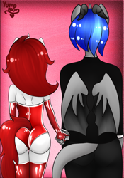 Size: 1400x2000 | Tagged: safe, artist:yumomochan, oc, oc:siram cotoran, species:anthro, species:bat pony, back, couple, holding hands, latex, love, original character do not steal, pink background, simple background, siram, siramie