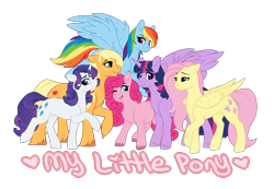 Size: 2025x1400 | Tagged: safe, artist:honiibree, artist:pon3-boi, character:applejack, character:fluttershy, character:pinkie pie, character:rainbow dash, character:rarity, character:twilight sparkle, character:twilight sparkle (alicorn), species:alicorn, species:earth pony, species:pegasus, species:pony, species:unicorn, female, group, happy, hatless, mane six, mare, missing accessory, one eye closed, raised hoof, simple background, title drop, transparent background, unshorn fetlocks, wink