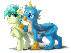 Size: 1707x1280 | Tagged: safe, artist:kaliner123, character:gallus, character:sandbar, species:earth pony, species:griffon, species:pony, ship:gallbar, episode:school daze, g4, my little pony: friendship is magic, season 8, claws, gay, interspecies, male, paws, shipping, simple background, smiling, teenager, transparent background
