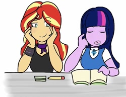 Size: 711x550 | Tagged: safe, artist:horsegirlpodcast, character:sunset shimmer, character:twilight sparkle, ship:sunsetsparkle, my little pony:equestria girls, alternate costumes, cute, eyes closed, female, lesbian, no nose, notebook, pencil, shipping, sleeping, twiabetes