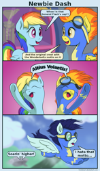 Size: 1116x1900 | Tagged: safe, artist:frenkieart, character:rainbow dash, character:soarin', character:spitfire, species:pegasus, species:pony, episode:newbie dash, g4, my little pony: friendship is magic, clothing, comic, dialogue, eyes closed, female, goggles, latin, male, mare, speech bubble, stallion, uniform, wonderbolts uniform