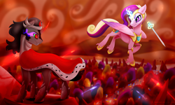 Size: 5120x3080 | Tagged: safe, artist:isorrayi, character:king sombra, character:princess cadance, species:pony, armor, crystal, helmet, magic, sword, weapon