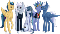 Size: 1504x854 | Tagged: safe, artist:sychia, character:indigo zap, character:night glider, oc, oc:black lightning (ice1517), oc:jet stream (ice1517), oc:winter flurry, parents:indiglider, species:pegasus, species:pony, icey-verse, annoyed, chest fluff, clothing, ear piercing, earring, eyes closed, family, female, glasses, goggles, grumpy, indiglider, jacket, jewelry, lesbian, magical lesbian spawn, mare, mother, mother and daughter, next generation, offspring, open mouth, piercing, shipping, simple background, sweater, transparent background, unamused, wingless