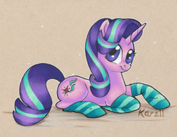 Size: 800x622 | Tagged: safe, artist:karzii, character:starlight glimmer, species:pony, species:unicorn, clothing, female, looking at you, mare, simple background, socks, solo, striped socks, stupid sexy starlight glimmer