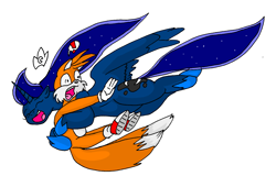 Size: 1614x1030 | Tagged: safe, artist:large-rarge, character:princess luna, crossover, emoticon, glomp, miles "tails" prower, smiling, sonic the hedgehog (series), surprised, tackle