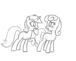 Size: 924x737 | Tagged: safe, artist:thex-plotion, character:bon bon, character:lyra heartstrings, character:sweetie drops, ship:lyrabon, episode:hearts and hooves day, g4, my little pony: friendship is magic, blank flank, female, lesbian, monochrome, shipping, sketch, special somepony, valentine