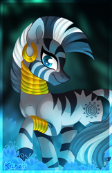 Size: 3300x5100 | Tagged: safe, artist:karzii, character:zecora, species:pony, species:zebra, ear piercing, earring, everfree forest, female, jewelry, looking at you, mare, piercing, poison joke, solo