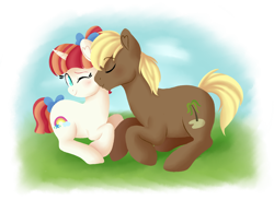 Size: 2500x1833 | Tagged: safe, artist:fannytastical, character:coco crusoe, character:rainbow stars, species:earth pony, species:pony, species:unicorn, /mlp/, background pony, blushing, crusoestars, drawthread, female, kiss on the cheek, kissing, male, mare, one eye closed, shipping, simple background, stallion, straight, transparent background