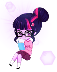 Size: 1331x1663 | Tagged: safe, artist:electricshine, character:twilight sparkle, character:twilight sparkle (scitwi), species:eqg human, my little pony:equestria girls, book, chibi, clothing, cute, female, glasses, hair bun, kpopjunkie is trying to murder us, moe, pleated skirt, shirt, shoes, skirt, socks, solo, sweater, twiabetes