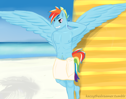 Size: 3653x2896 | Tagged: safe, artist:kaczy, character:rainbow dash, species:anthro, bare chest, clothing, rainbow blitz, rule 63, topless