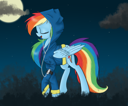 Size: 1200x1000 | Tagged: safe, artist:yourfavoritelove, character:rainbow dash, species:pegasus, species:pony, clothing, earbuds, eyes closed, female, full moon, hoodie, ipod, listening, mare, moon, music, night, open mouth, raised hoof, singing, solo, stars, walking