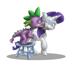 Size: 1730x1572 | Tagged: safe, artist:batlover800, character:rarity, character:spike, species:dragon, species:pony, species:unicorn, ship:sparity, blushing, female, interspecies, kiss on the cheek, kissing, male, mare, shipping, simple background, smiling, stool, straight, transparent background