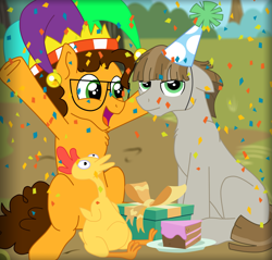 Size: 3307x3168 | Tagged: safe, artist:faitheverlasting, character:boneless, character:cheese sandwich, character:mudbriar, species:pony, clothing, glasses, hat, headcanon, high res, jester hat, party hat, siblings, sitting, unamused