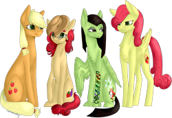 Size: 1553x1061 | Tagged: safe, artist:sychia, character:applejack, character:strawberry sunrise, oc, oc:apple berry, oc:white lilly, parent:applejack, parent:strawberry sunrise, parents:applerise, species:earth pony, species:pegasus, species:pony, icey-verse, ship:applerise, accessory swap, applejack's hat, chest fluff, clothing, cowboy hat, cute, ear piercing, earring, eyebrow piercing, eyeshadow, family, female, glasses, grumpy, hat, jackabetes, jewelry, lesbian, magical lesbian spawn, makeup, mare, ocbetes, offspring, piercing, simple background, tattoo, transparent background, unamused