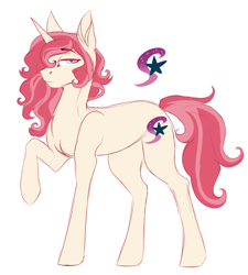 Size: 2023x2245 | Tagged: safe, artist:anyatrix, oc, oc only, oc:vigaro, parent:sunset shimmer, parent:trixie, parents:suntrix, species:pony, species:unicorn, cutie mark, hair over one eye, high res, magical lesbian spawn, male, offspring, raised hoof, simple background, solo, stallion, white background