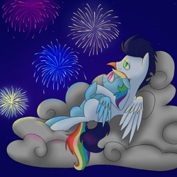 Size: 1500x1500 | Tagged: safe, artist:yourfavoritelove, character:rainbow dash, character:soarin', species:pony, ship:soarindash, cloud, female, fireworks, male, shipping, straight