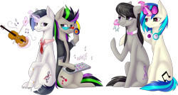 Size: 1796x966 | Tagged: safe, artist:sychia, character:dj pon-3, character:octavia melody, character:vinyl scratch, oc, oc:nuance harmoney, oc:sawtooth vibe, parent:octavia melody, parent:vinyl scratch, parents:scratchtavia, species:earth pony, species:pony, species:unicorn, icey-verse, ship:scratchtavia, bow, bow tie, clothing, crying, cute, family, female, glasses, glowing horn, headphones, hug, jacket, keyboard, lesbian, looking at each other, magical lesbian spawn, mare, mother and daughter, musical instrument, next generation, offspring, shipping, simple background, sisters, sunglasses, tears of joy, tissue, transparent background, violin