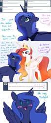 Size: 1280x3072 | Tagged: safe, artist:honiibree, character:princess celestia, character:princess luna, species:alicorn, species:pony, alternate universe, ask, ask-moonlitlullaby, blushing, comic, female, implied lesbian, implied shipping, implied twiluna, mare, slit eyes, tumblr