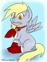 Size: 739x970 | Tagged: safe, artist:vivofortissimo, character:derpy hooves, species:pegasus, species:pony, episode:hearth's warming eve, g4, my little pony: friendship is magic, bell, bell collar, candy, christmas, clothing, collar, female, jingle bells, mare, stockings